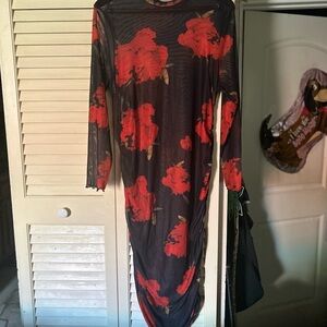 SHEIN Long Sleeve Black Dress with Red Floral Pattern